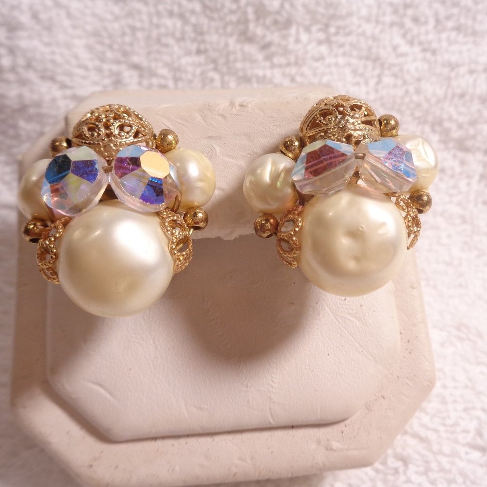 Beautiful Sparkling Faux Pearl, Filigree & AB Crystal Clip Earrings